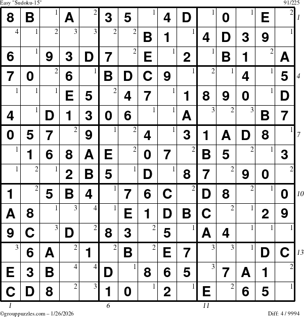 The grouppuzzles.com Easy Sudoku-15 puzzle for Monday January 26, 2026, suitable for printing, with all 4 steps marked