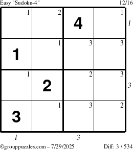 The grouppuzzles.com Easy Sudoku-4 puzzle for Tuesday July 29, 2025, suitable for printing, with all 3 steps marked