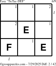The grouppuzzles.com Easy TicTac-DEF puzzle for Tuesday July 29, 2025 with all 2 steps marked