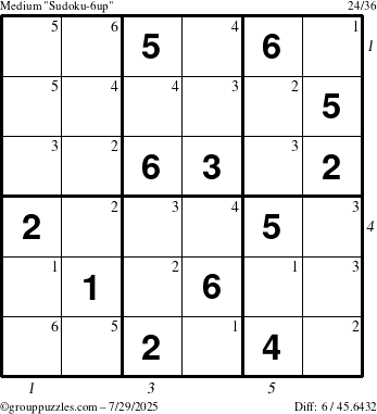 The grouppuzzles.com Medium Sudoku-6up puzzle for Tuesday July 29, 2025 with all 6 steps marked