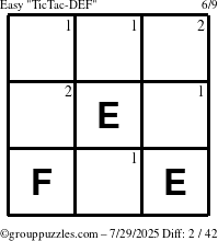 The grouppuzzles.com Easy TicTac-DEF puzzle for Tuesday July 29, 2025 with the first 2 steps marked