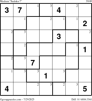 The grouppuzzles.com Medium Sudoku-7 puzzle for Tuesday July 29, 2025 with the first 3 steps marked