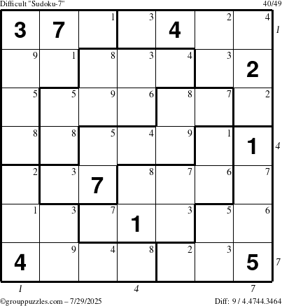 The grouppuzzles.com Difficult Sudoku-7 puzzle for Tuesday July 29, 2025 with all 9 steps marked
