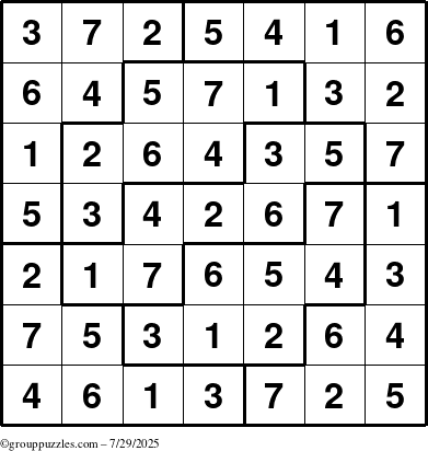 The grouppuzzles.com Answer grid for the Sudoku-7 puzzle for Tuesday July 29, 2025