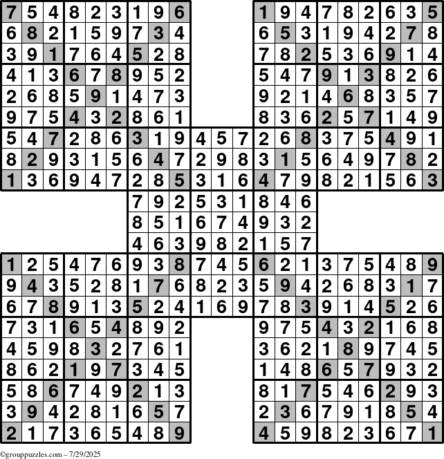 The grouppuzzles.com Answer grid for the Sudoku-Xtreme puzzle for Tuesday July 29, 2025