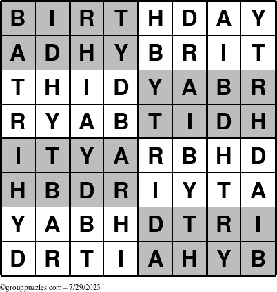 The grouppuzzles.com Answer grid for the Super-Birthday puzzle for Tuesday July 29, 2025