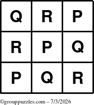 The grouppuzzles.com Answer grid for the TicTac-PQR puzzle for Friday July 3, 2026
