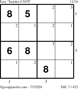 The grouppuzzles.com Easy Sudoku-4-5678 puzzle for Friday July 3, 2026, suitable for printing, with all 3 steps marked