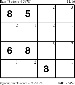 The grouppuzzles.com Easy Sudoku-4-5678 puzzle for Friday July 3, 2026 with the first 3 steps marked
