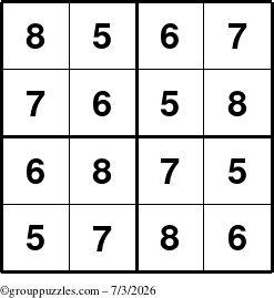 The grouppuzzles.com Answer grid for the Sudoku-4-5678 puzzle for Friday July 3, 2026