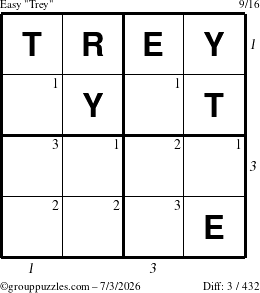 The grouppuzzles.com Easy Trey puzzle for Friday July 3, 2026 with all 3 steps marked