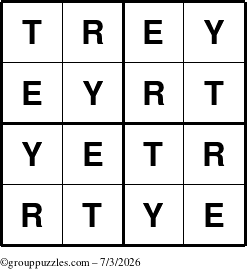 The grouppuzzles.com Answer grid for the Trey puzzle for Friday July 3, 2026
