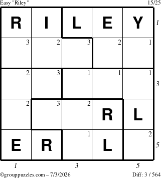 The grouppuzzles.com Easy Riley puzzle for Friday July 3, 2026, suitable for printing, with all 3 steps marked