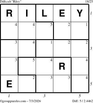 The grouppuzzles.com Difficult Riley puzzle for Friday July 3, 2026, suitable for printing, with all 5 steps marked
