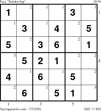 The grouppuzzles.com Easy Sudoku-6up puzzle for Friday July 3, 2026 with all 3 steps marked