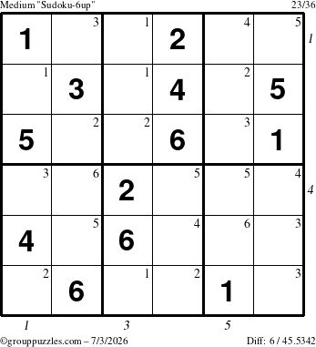 The grouppuzzles.com Medium Sudoku-6up puzzle for Friday July 3, 2026, suitable for printing, with all 6 steps marked