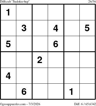 The grouppuzzles.com Difficult Sudoku-6up puzzle for Friday July 3, 2026