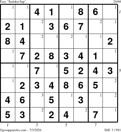 The grouppuzzles.com Easy Sudoku-8up puzzle for Friday July 3, 2026 with all 3 steps marked