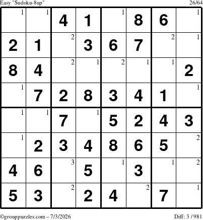 The grouppuzzles.com Easy Sudoku-8up puzzle for Friday July 3, 2026 with the first 3 steps marked