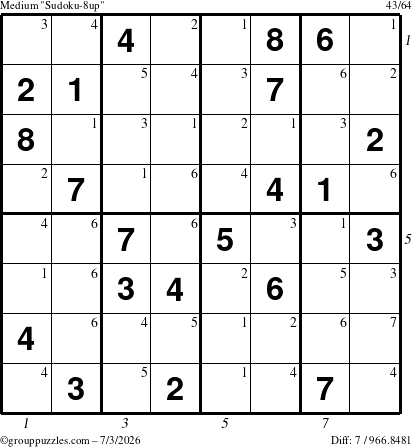 The grouppuzzles.com Medium Sudoku-8up puzzle for Friday July 3, 2026, suitable for printing, with all 7 steps marked