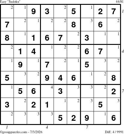 The grouppuzzles.com Easy Sudoku puzzle for Friday July 3, 2026, suitable for printing, with all 4 steps marked