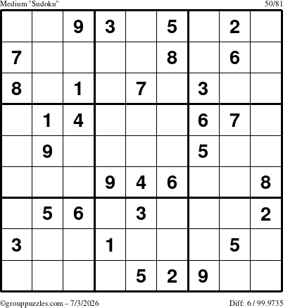 The grouppuzzles.com Medium Sudoku puzzle for Friday July 3, 2026