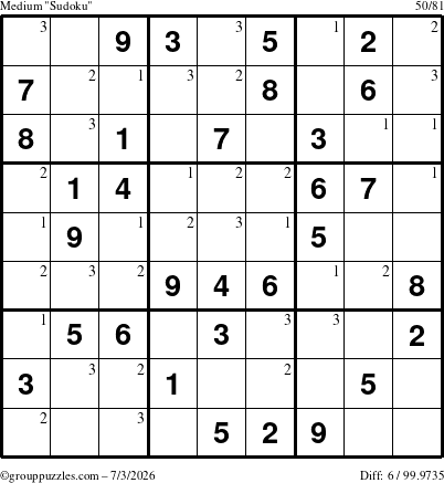 The grouppuzzles.com Medium Sudoku puzzle for Friday July 3, 2026 with the first 3 steps marked