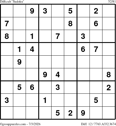 The grouppuzzles.com Difficult Sudoku puzzle for Friday July 3, 2026