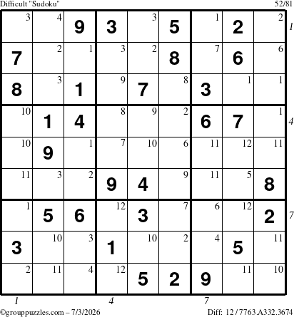 The grouppuzzles.com Difficult Sudoku puzzle for Friday July 3, 2026 with all 12 steps marked