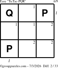 The grouppuzzles.com Easy TicTac-PQR puzzle for Friday July 3, 2026 with all 2 steps marked