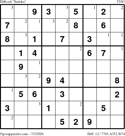 The grouppuzzles.com Difficult Sudoku puzzle for Friday July 3, 2026 with the first 3 steps marked