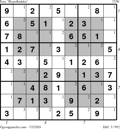 The grouppuzzles.com Easy HyperSudoku puzzle for Friday July 3, 2026, suitable for printing, with all 3 steps marked