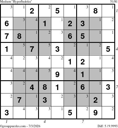 The grouppuzzles.com Medium HyperSudoku puzzle for Friday July 3, 2026 with all 5 steps marked
