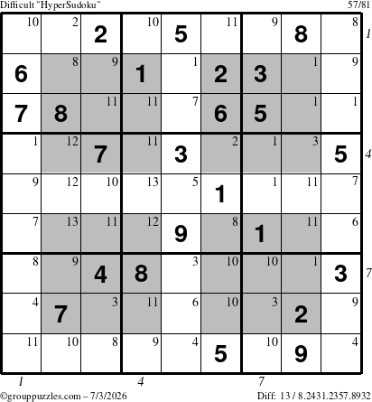 The grouppuzzles.com Difficult HyperSudoku puzzle for Friday July 3, 2026, suitable for printing, with all 13 steps marked
