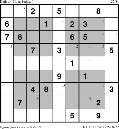 The grouppuzzles.com Difficult HyperSudoku puzzle for Friday July 3, 2026 with the first 3 steps marked