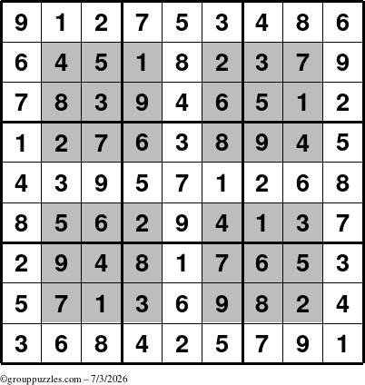 The grouppuzzles.com Answer grid for the HyperSudoku puzzle for Friday July 3, 2026