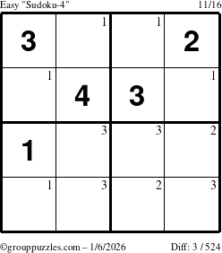 The grouppuzzles.com Easy Sudoku-4 puzzle for Tuesday January 6, 2026 with the first 3 steps marked