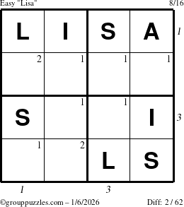 The grouppuzzles.com Easy Lisa puzzle for Tuesday January 6, 2026 with all 2 steps marked