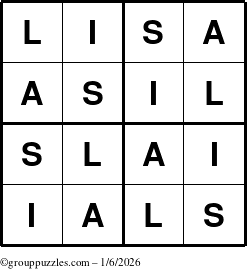 The grouppuzzles.com Answer grid for the Lisa puzzle for Tuesday January 6, 2026