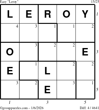The grouppuzzles.com Easy Leroy puzzle for Tuesday January 6, 2026, suitable for printing, with all 4 steps marked