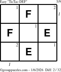 The grouppuzzles.com Easy TicTac-DEF puzzle for Tuesday January 6, 2026, suitable for printing, with all 2 steps marked