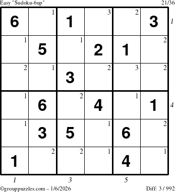 The grouppuzzles.com Easy Sudoku-6up puzzle for Tuesday January 6, 2026, suitable for printing, with all 3 steps marked