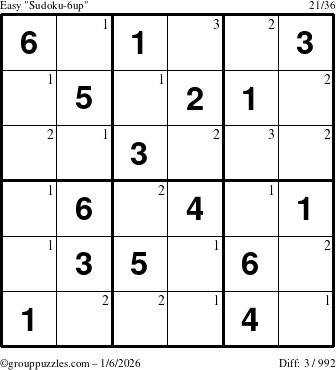 The grouppuzzles.com Easy Sudoku-6up puzzle for Tuesday January 6, 2026 with the first 3 steps marked