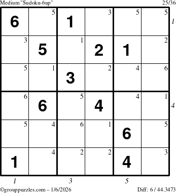 The grouppuzzles.com Medium Sudoku-6up puzzle for Tuesday January 6, 2026, suitable for printing, with all 6 steps marked
