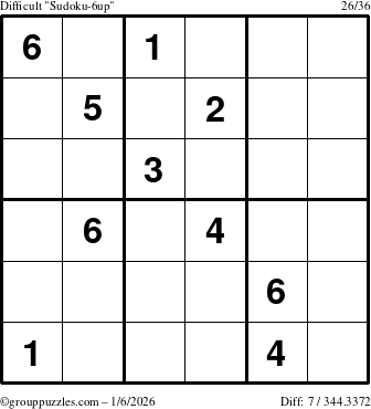 The grouppuzzles.com Difficult Sudoku-6up puzzle for Tuesday January 6, 2026