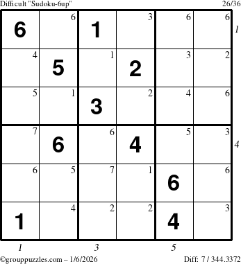 The grouppuzzles.com Difficult Sudoku-6up puzzle for Tuesday January 6, 2026 with all 7 steps marked