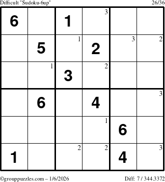 The grouppuzzles.com Difficult Sudoku-6up puzzle for Tuesday January 6, 2026 with the first 3 steps marked