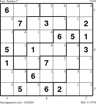 The grouppuzzles.com Easy Sudoku-7 puzzle for Tuesday January 6, 2026, suitable for printing, with all 4 steps marked