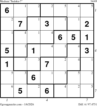 The grouppuzzles.com Medium Sudoku-7 puzzle for Tuesday January 6, 2026, suitable for printing, with all 6 steps marked