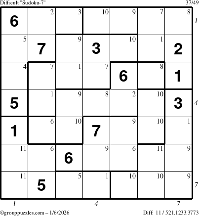 The grouppuzzles.com Difficult Sudoku-7 puzzle for Tuesday January 6, 2026 with all 11 steps marked